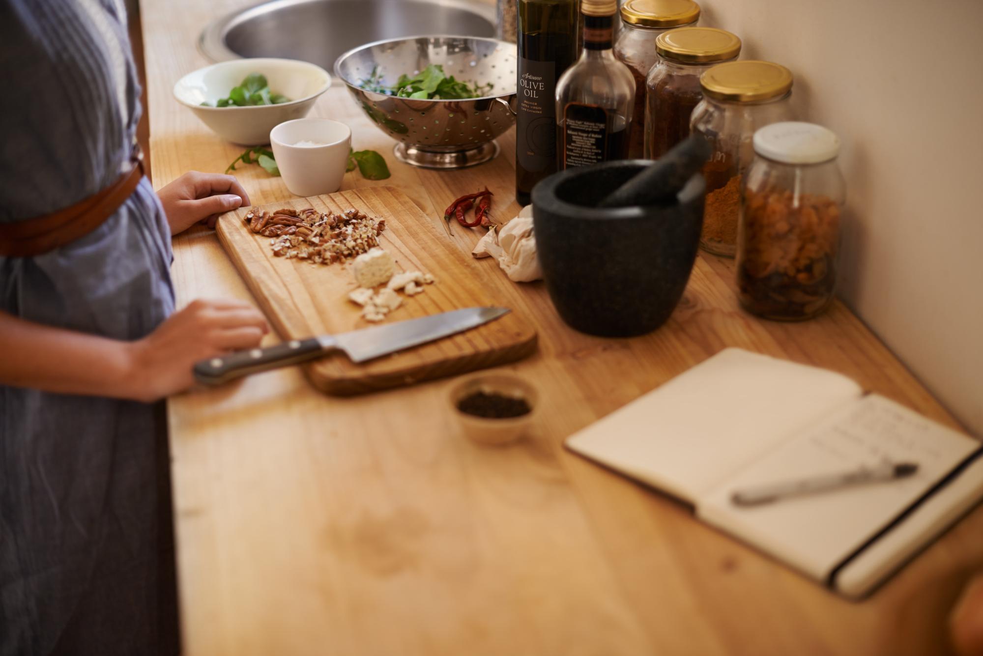 Open kitchen workspace with ingredients and tools